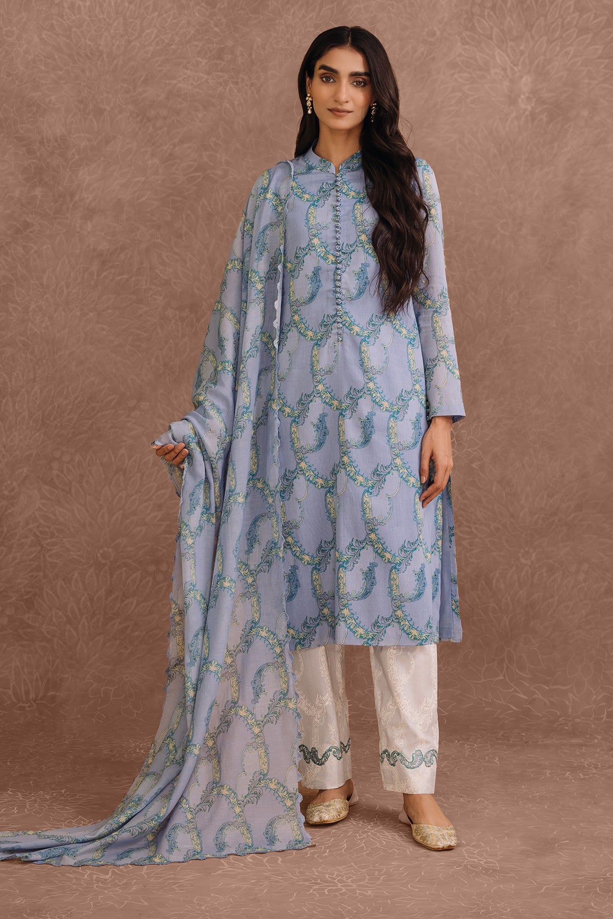 3 Pcs Printed And Embroidered Suit