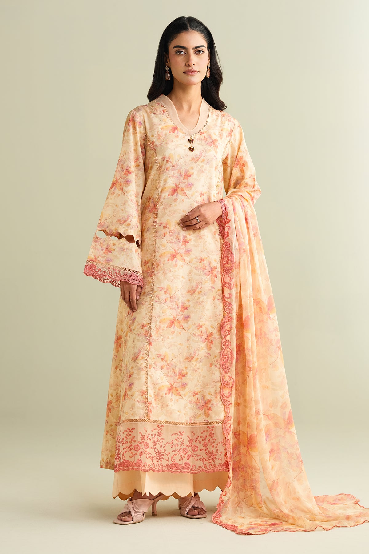 3 Piece - Printed Embroidered Suit - C6165