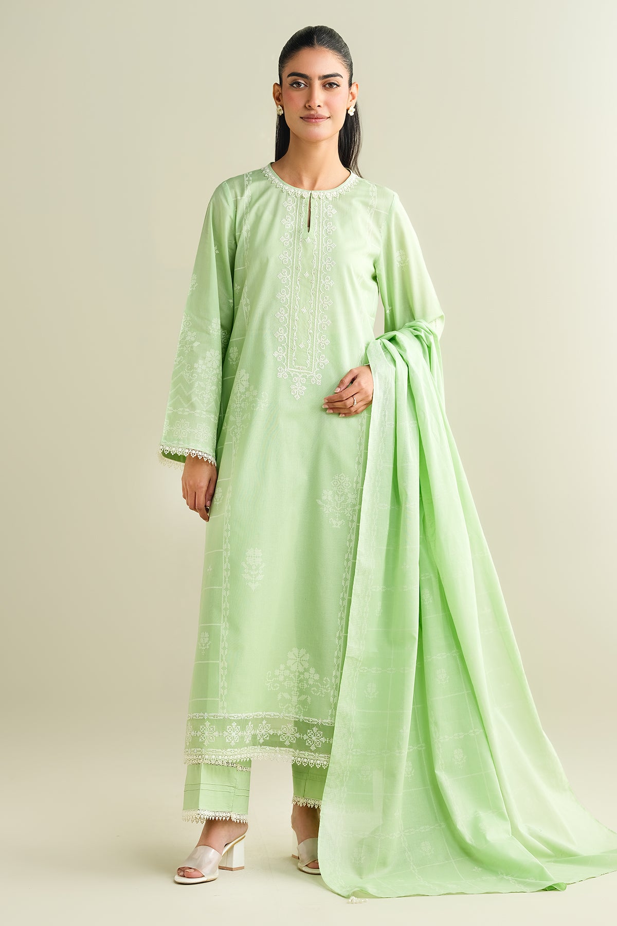 3 Piece - Printed Embroidered Suit - C6137