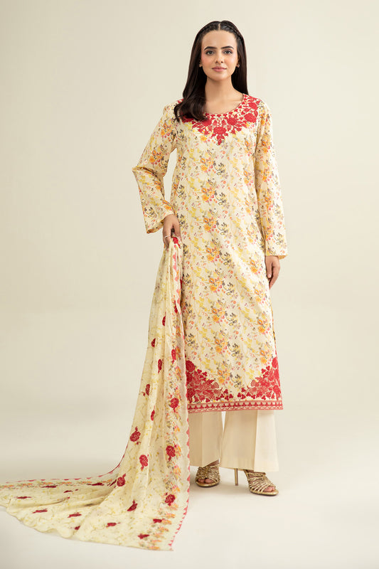 3 Piece - Printed & Embroidered Suit - E1913
