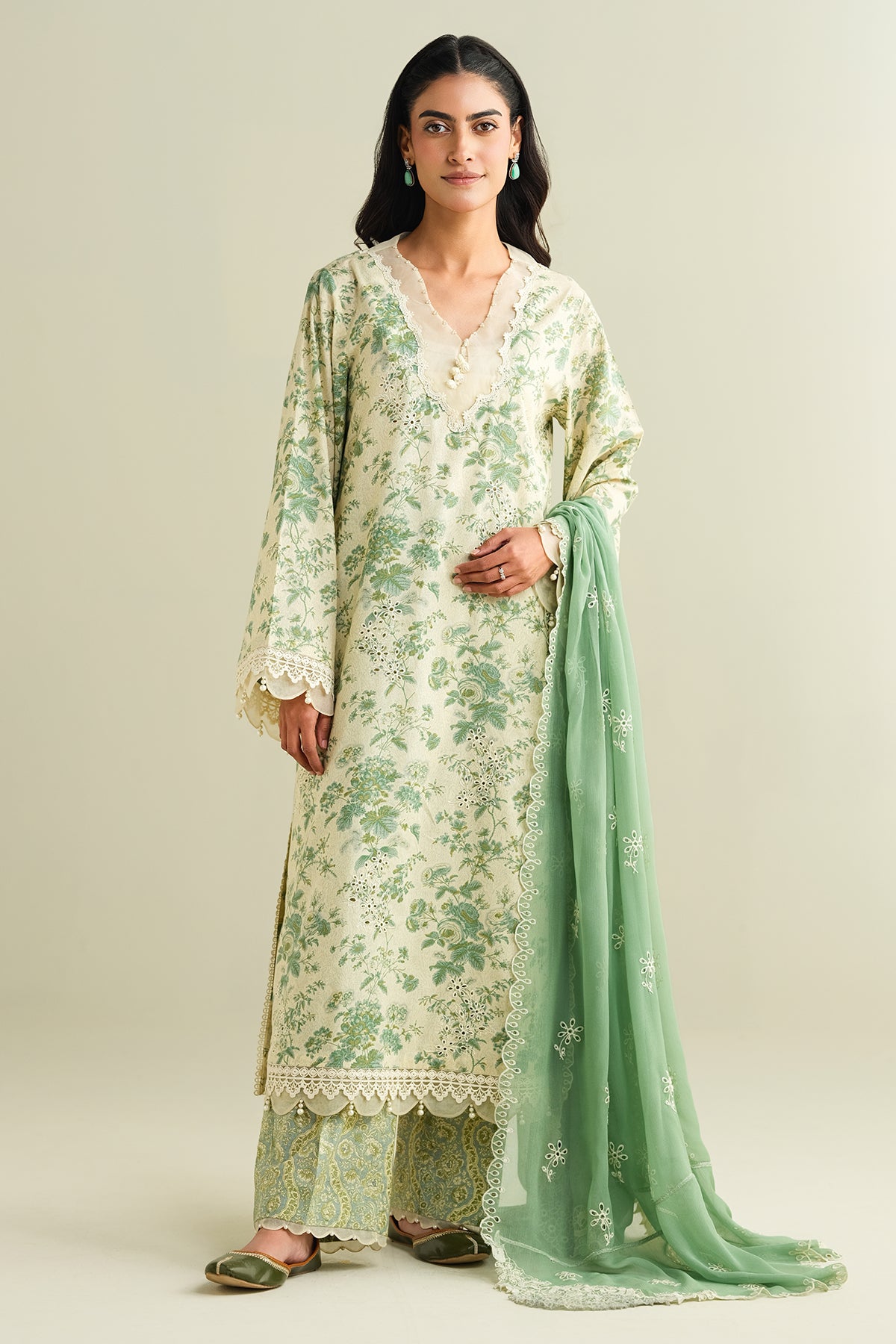 3 Piece - Printed Embroidered Suit - C6171
