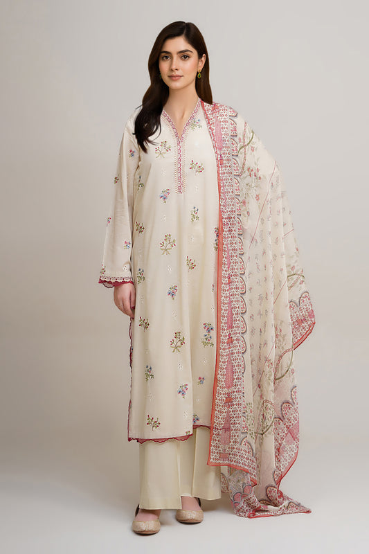 3 Piece - Printed & Embroidered Suit - C6236