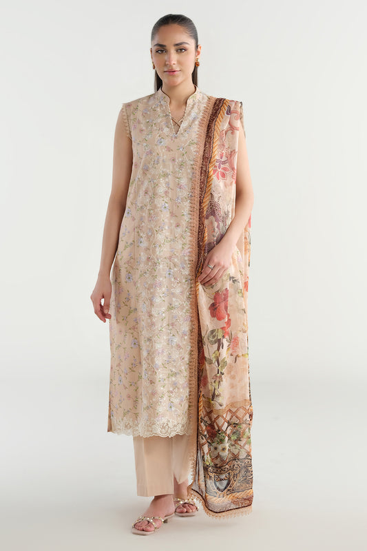 3 Piece - Printed Embroidered Suit - C6244