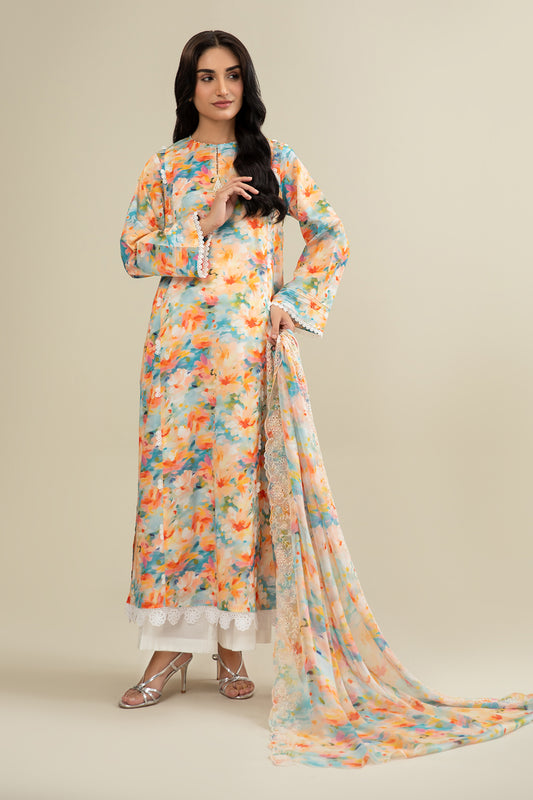 3 Piece - Printed & Embroidered Suit - C6245
