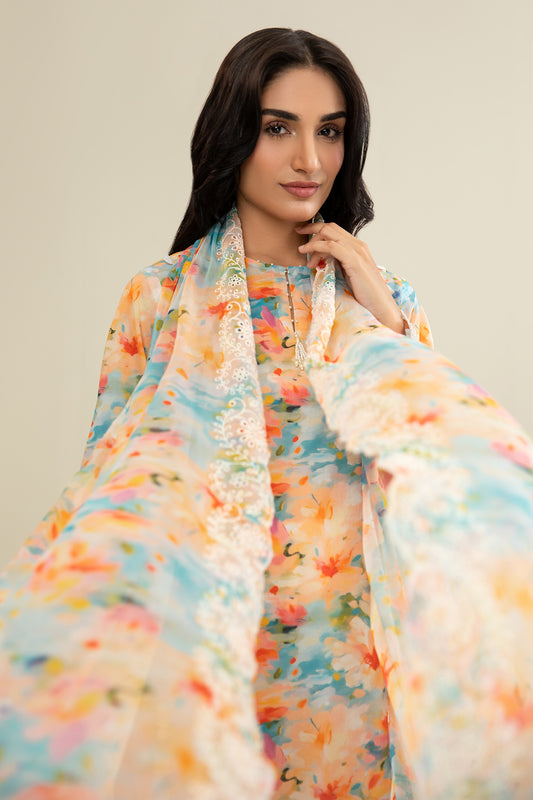 3 Piece - Printed & Embroidered Suit - C6245