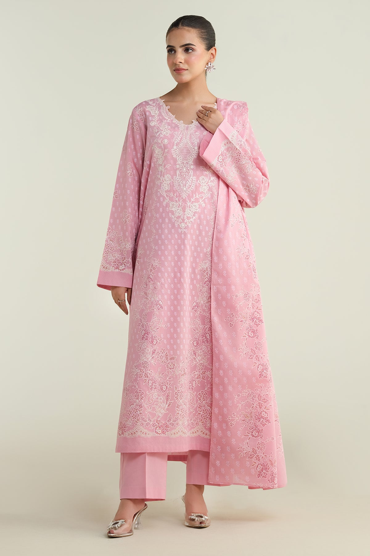 3 Piece - Printed & Embroidered Suit - C6275