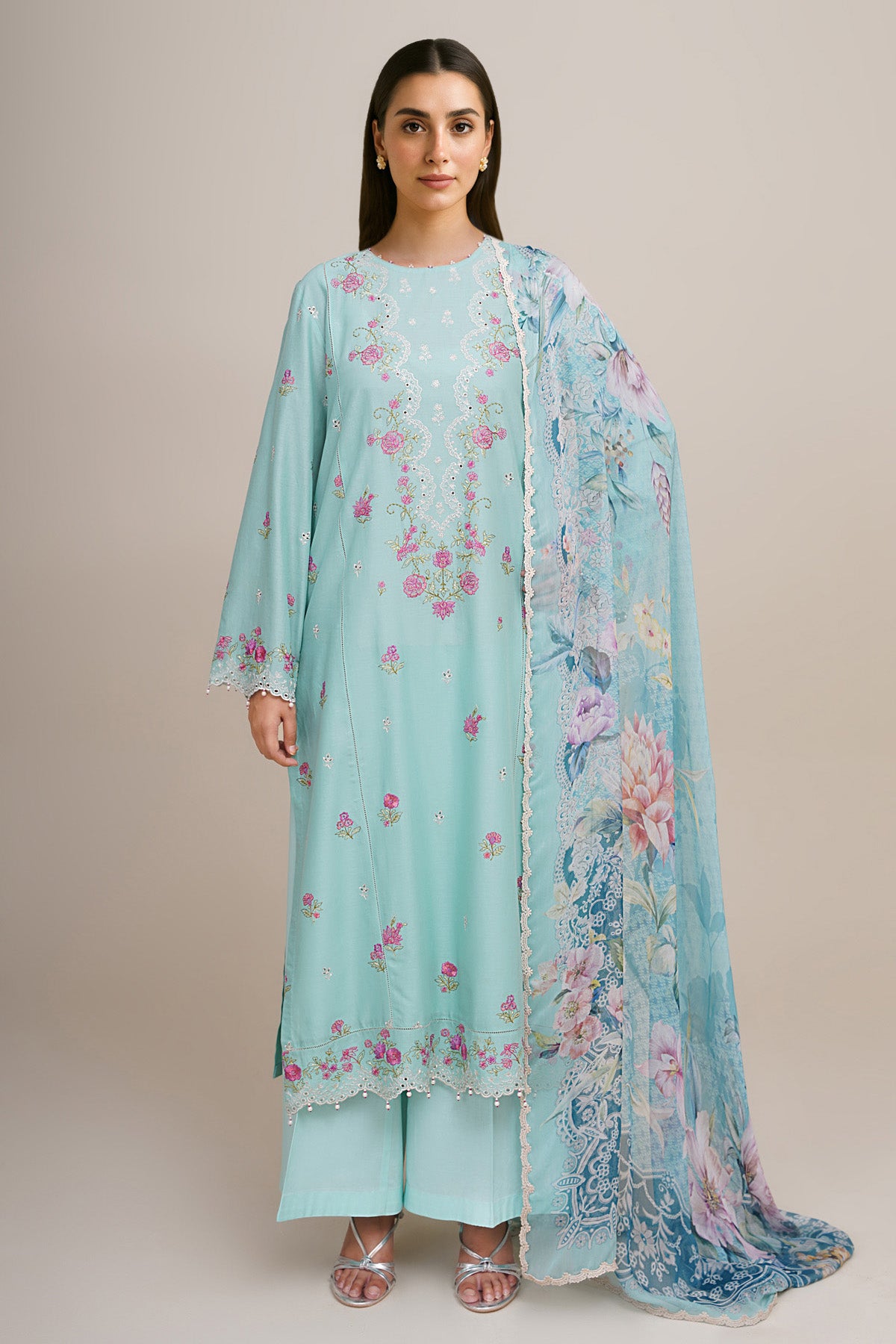 3 Piece - Printed & Embroidered Suit - C6281
