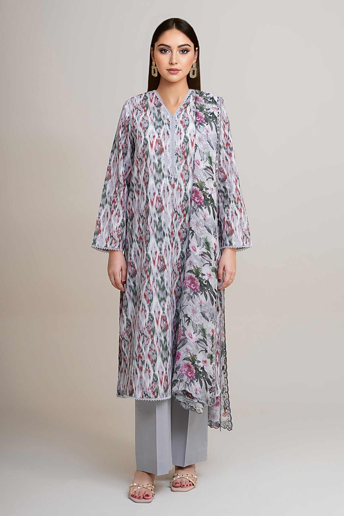 3 Piece - Printed & Embroidered Suit - C6296