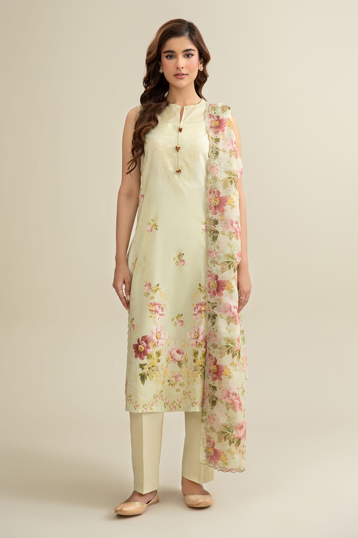 3 Piece - Printed & Embroidered Suit - C6301