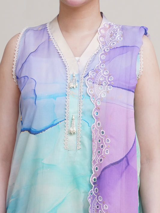 3 Piece - Printed & Embroidered Suit - C6311