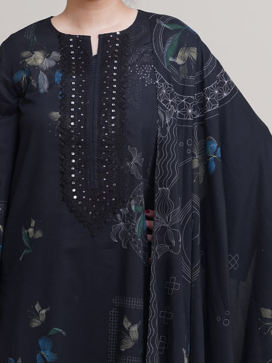 3 Piece - Printed & Embroidered Suit - C6316