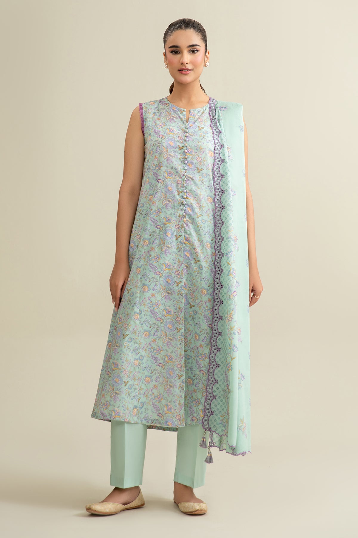 3 Piece - Printed Embroidered Suit - C6325