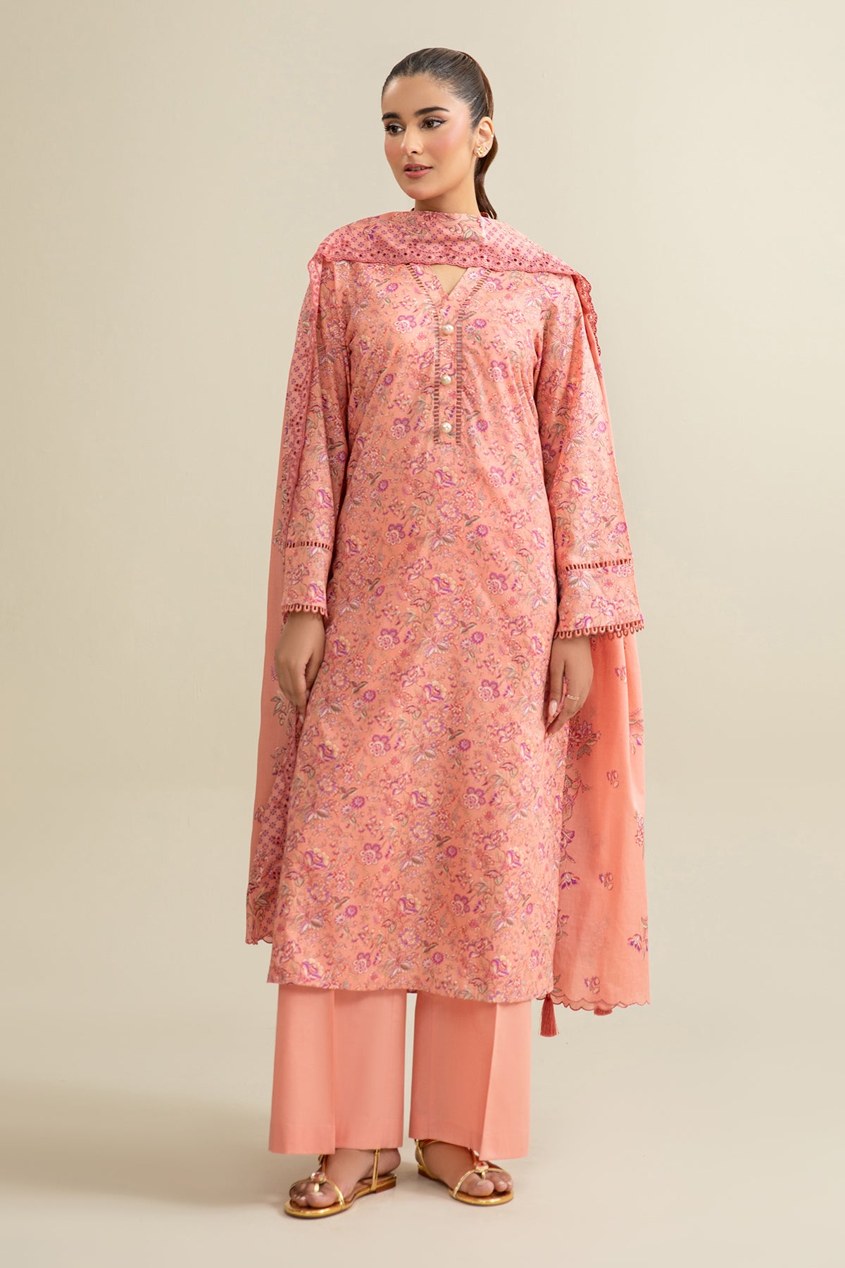 3 Piece - Printed & Embroidered Suit - C6327