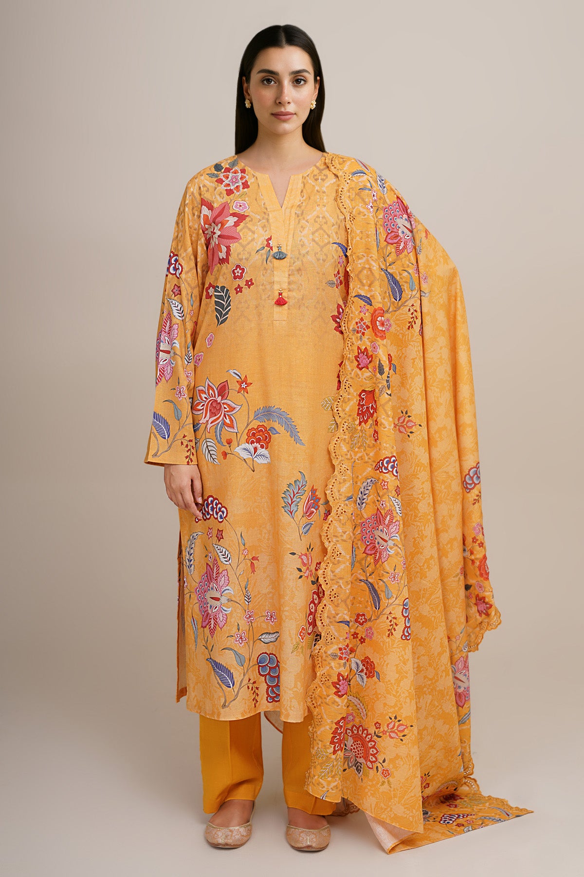 3 Piece - Printed & Embroidered Suit - C6348