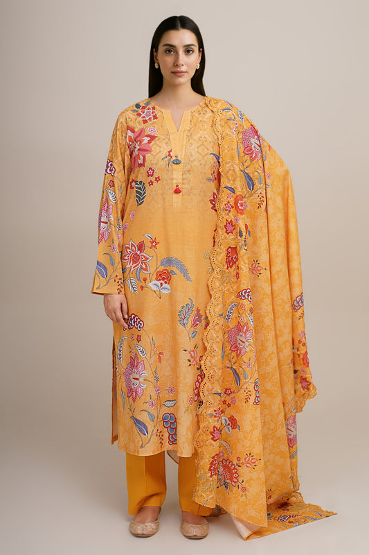 3 Piece - Printed & Embroidered Suit - C6348