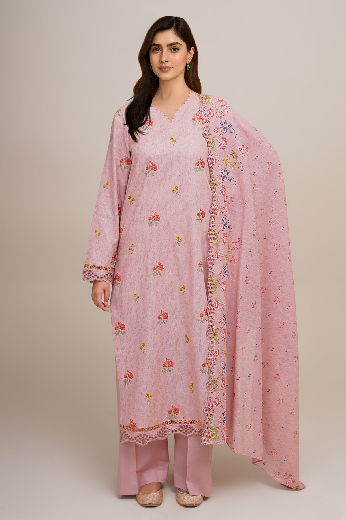 3 Piece - Printed & Embroidered Suit - C6364