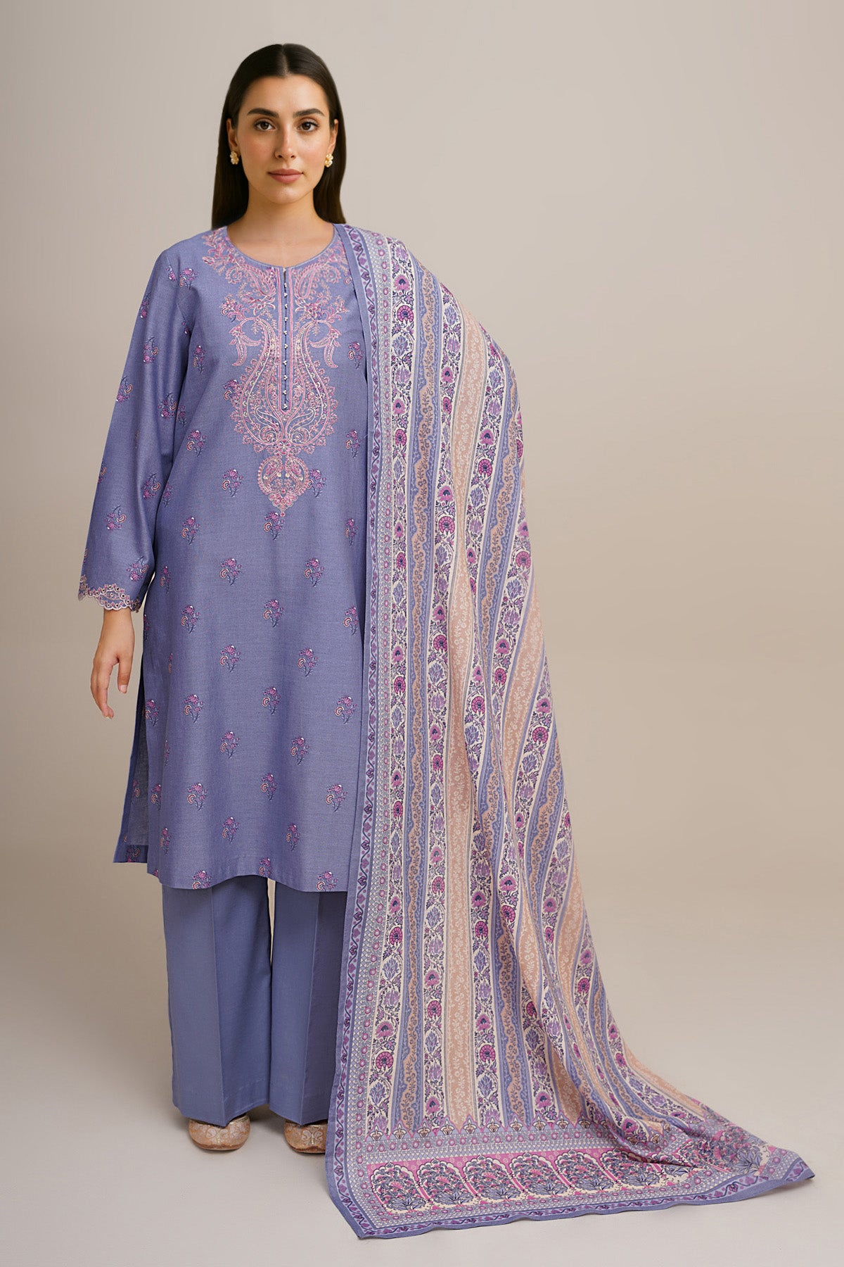 3 Piece - Printed & Embroidered Suit - C6366