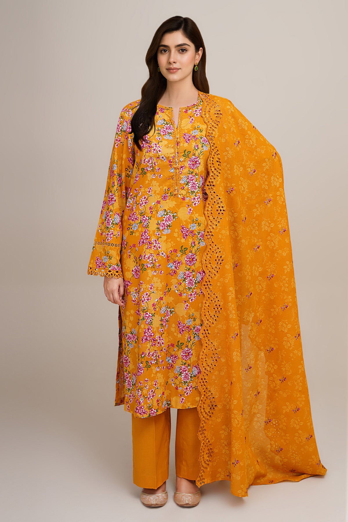 3 Piece - Printed & Embroidered Suit - C6368