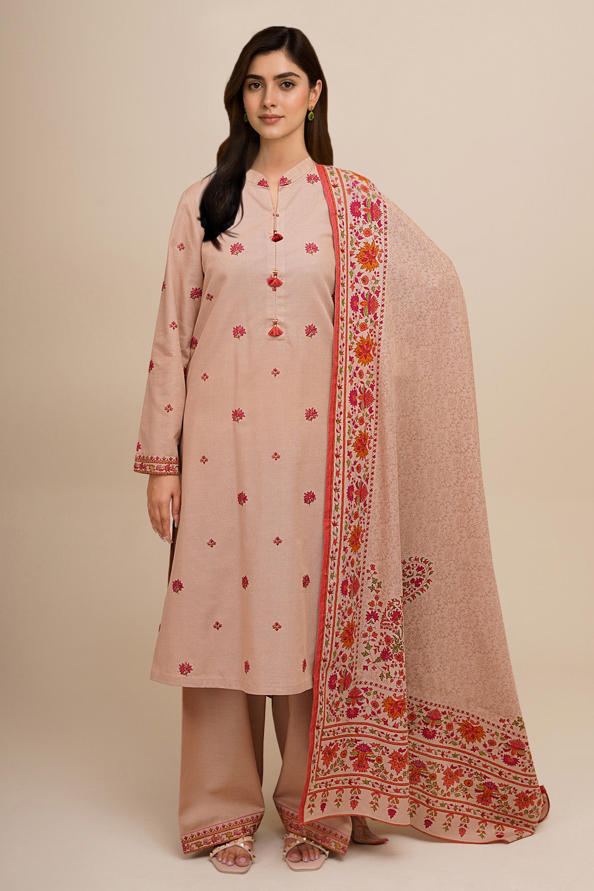 3 Piece - Printed & Embroidered Suit - C6404