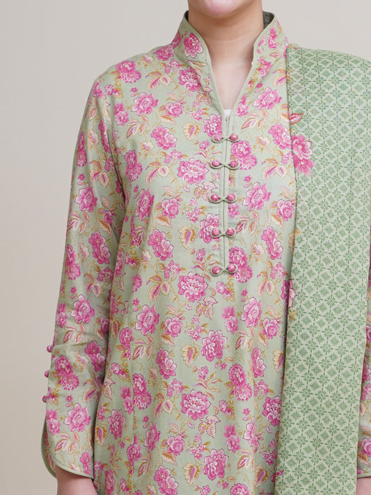 3 Piece - Printed & Embroidered Suit - C6420