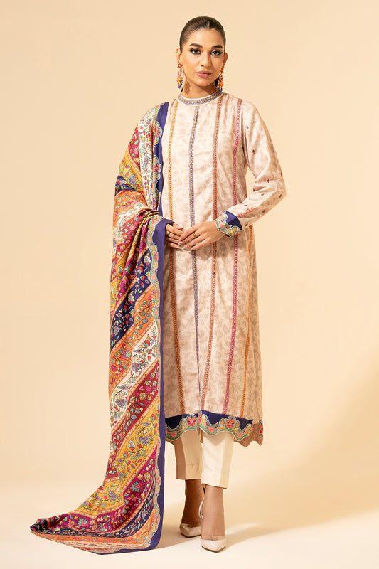 3 Piece - Printed & Embroidered Suit - E1431