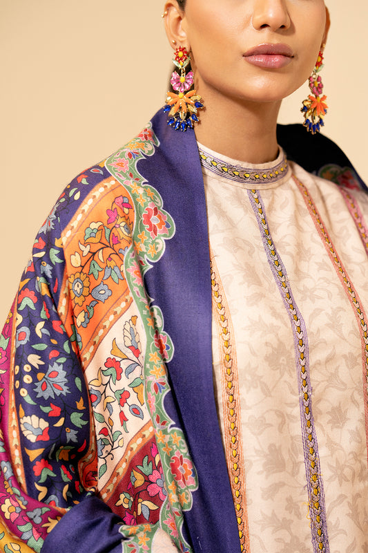 3 Piece - Printed & Embroidered Suit - E1431