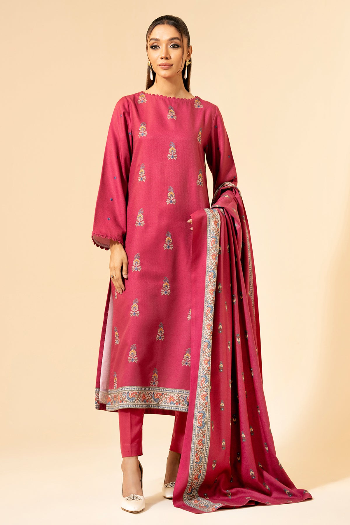 3 Piece - Printed & Embroidered Suit - E1432