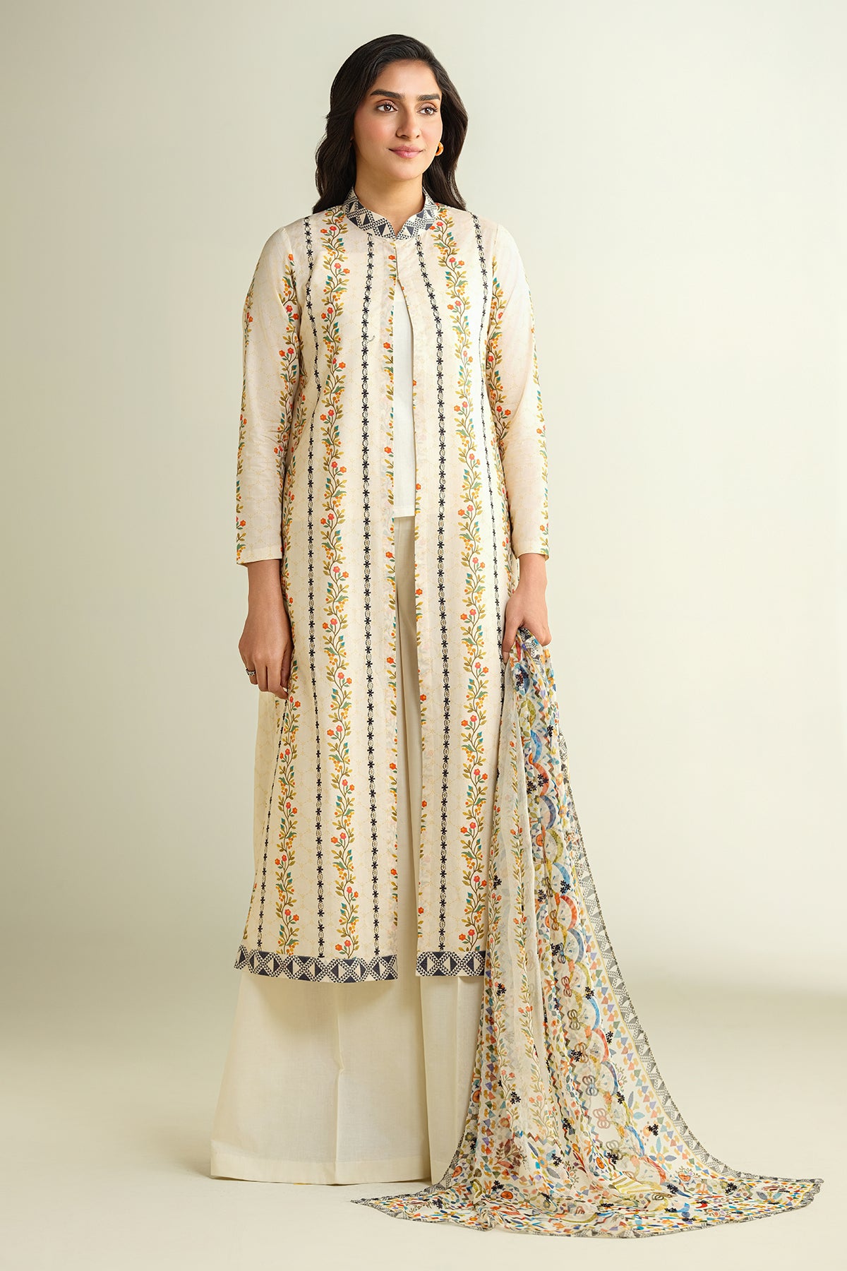 3 Piece - Printed Embroidered Suit - E1619