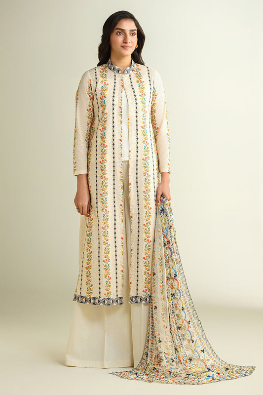 3 Piece - Printed & Embroidered Suit - E1619