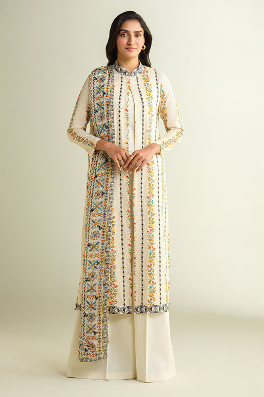 3 Piece - Printed & Embroidered Suit - E1619