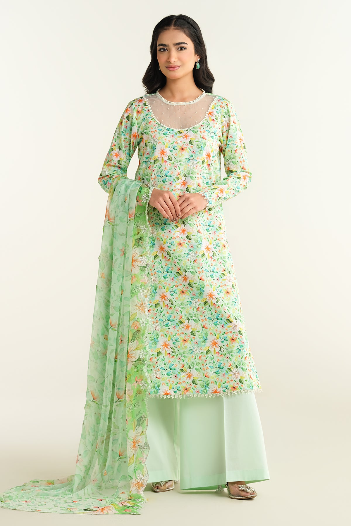 3 Piece - Printed Embroidered Suit - E1632