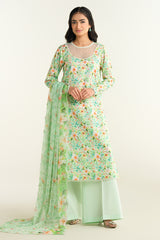 3 Piece - Printed Embroidered Suit - E1632