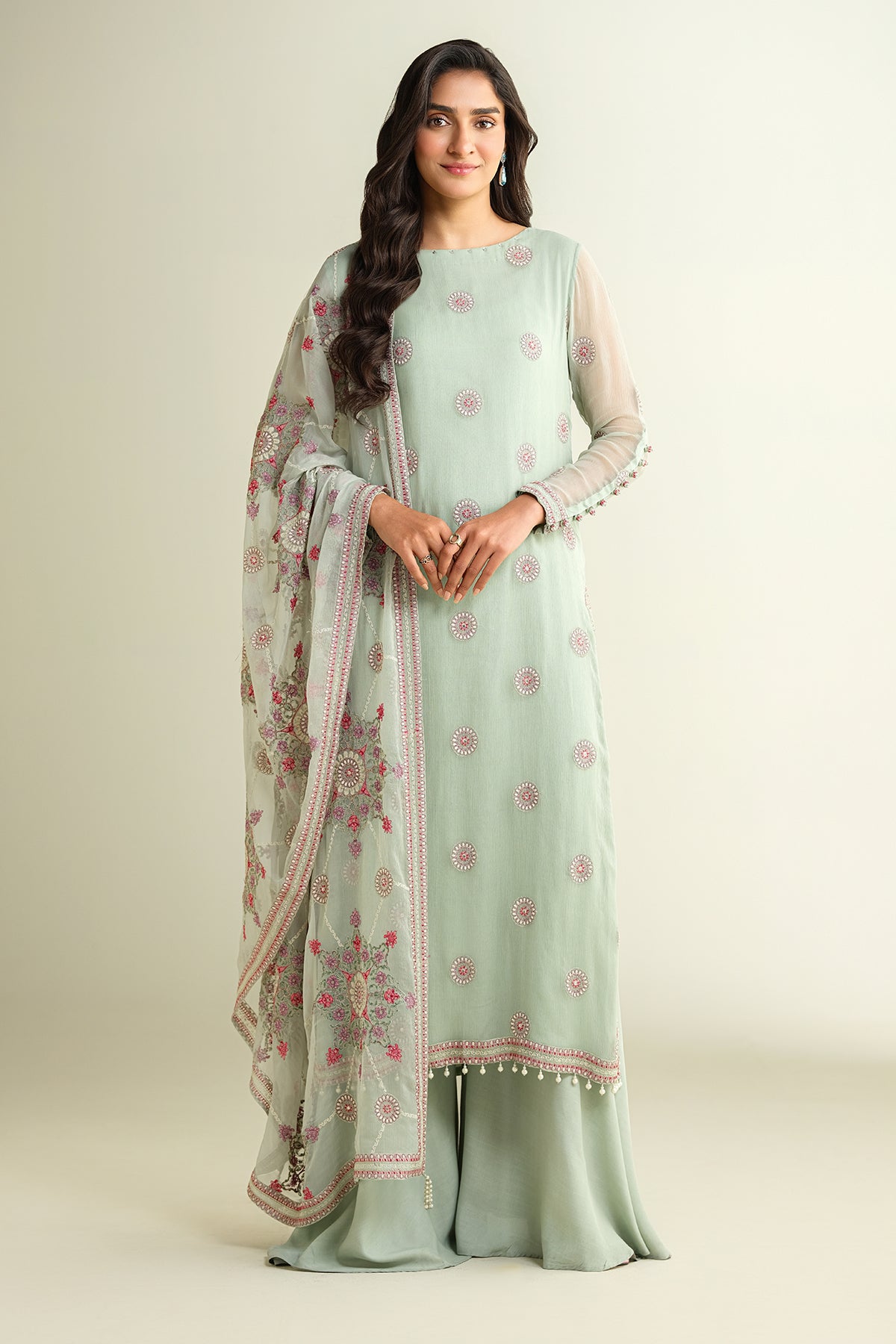 3 Piece - Embroidered Embellished Suit - E1634
