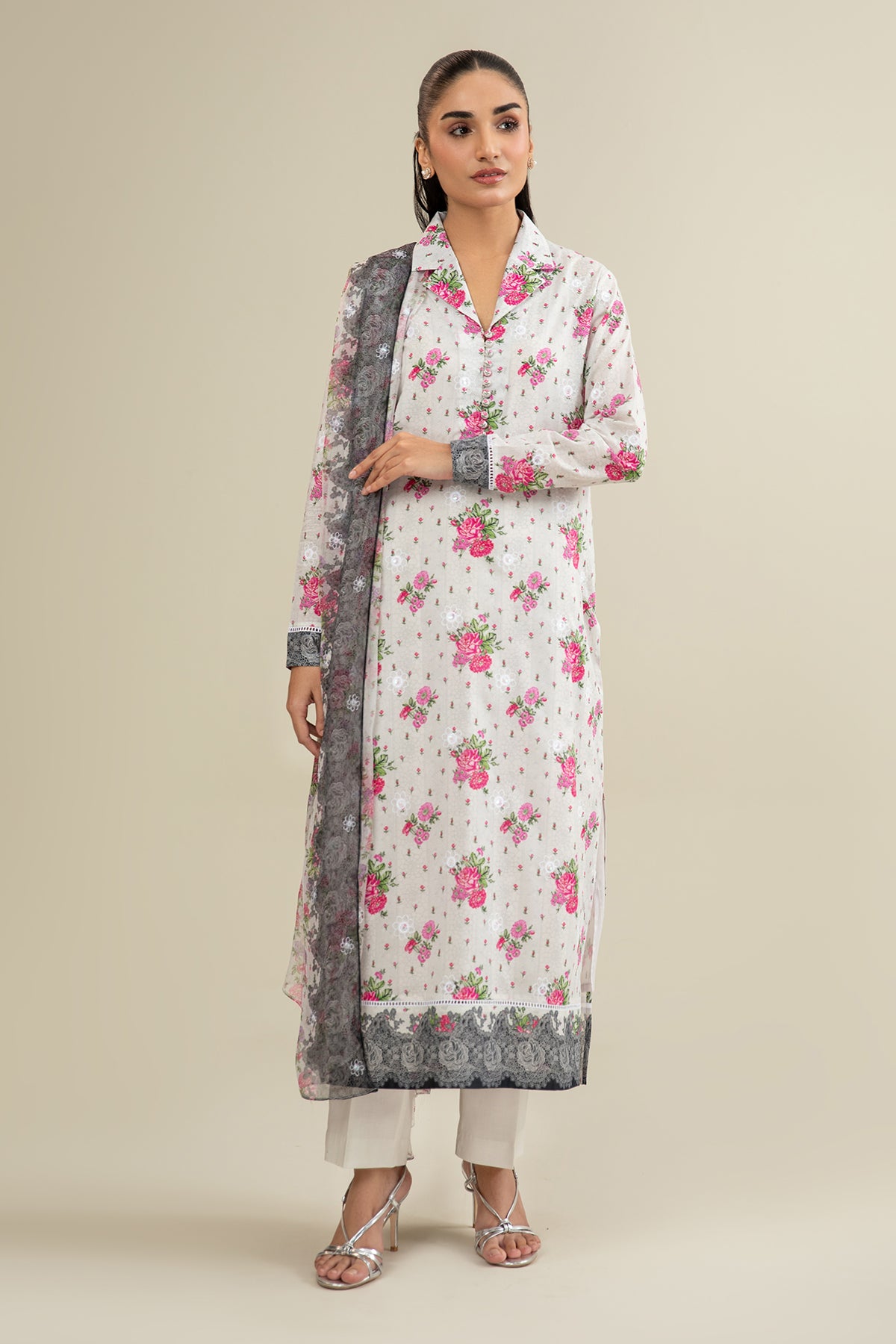 3 Piece - Printed & Embroidered Suit - E1690