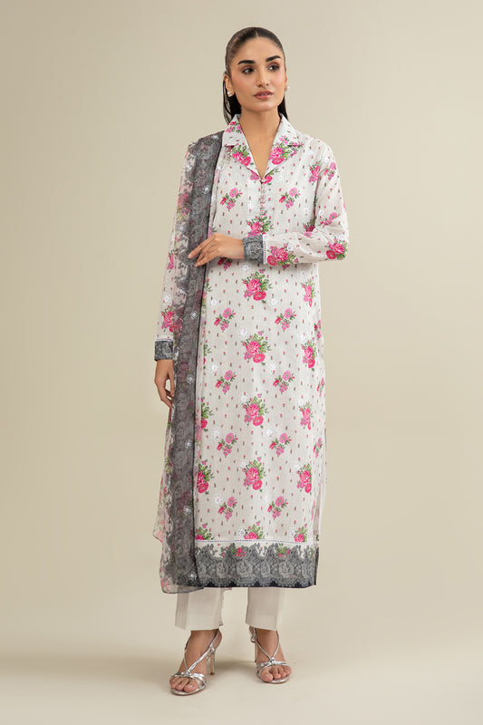 3 Piece - Printed & Embroidered Suit - E1690