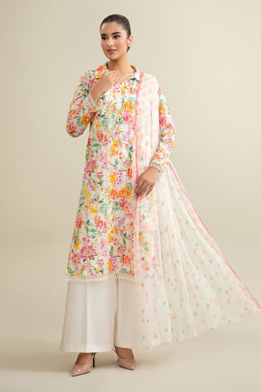 3 Piece - Printed & Embroidered Suit - E1914