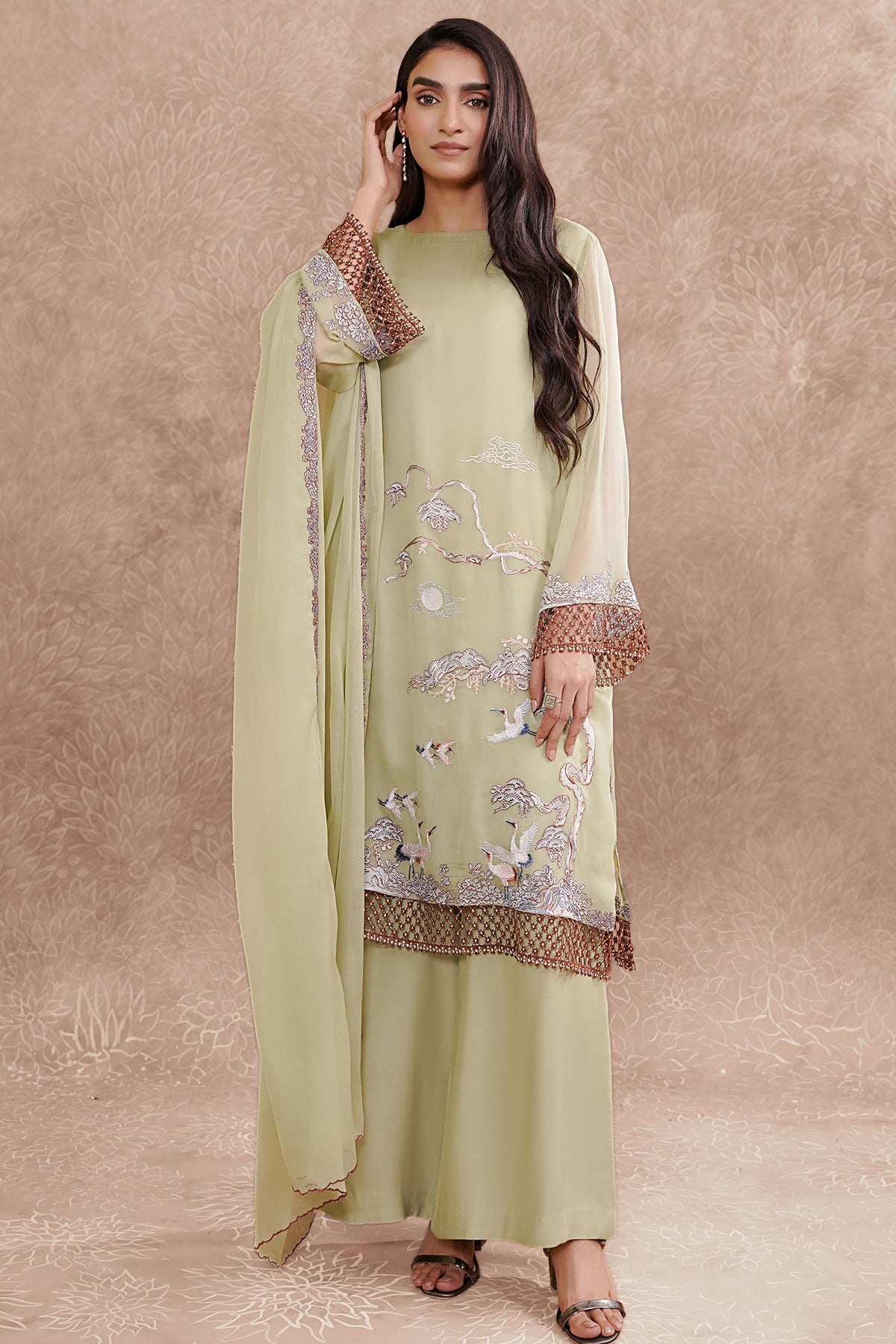 2 Pcs Embroidered Pure Chiffon Suit With Laces