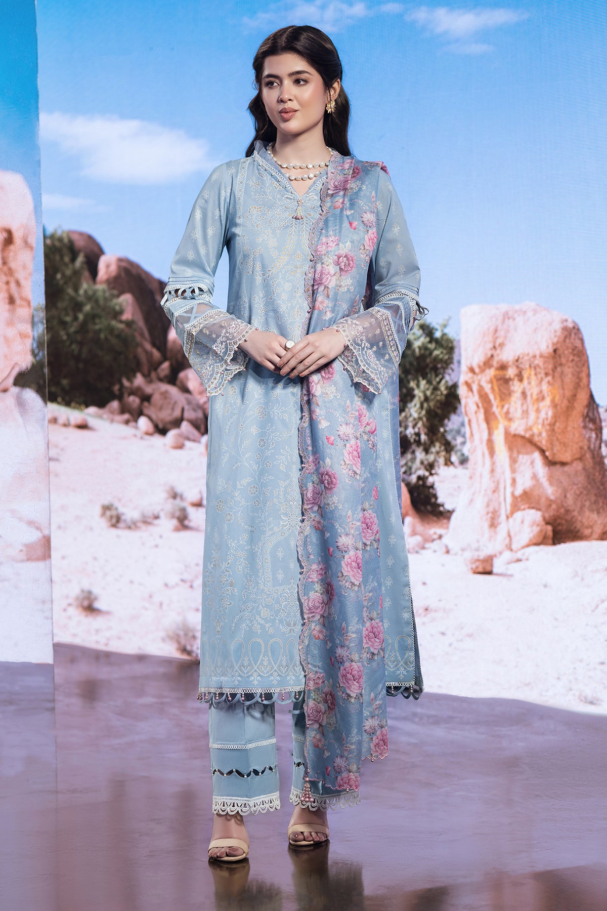 3 Piece - Printed Embroidered Suit - C6130