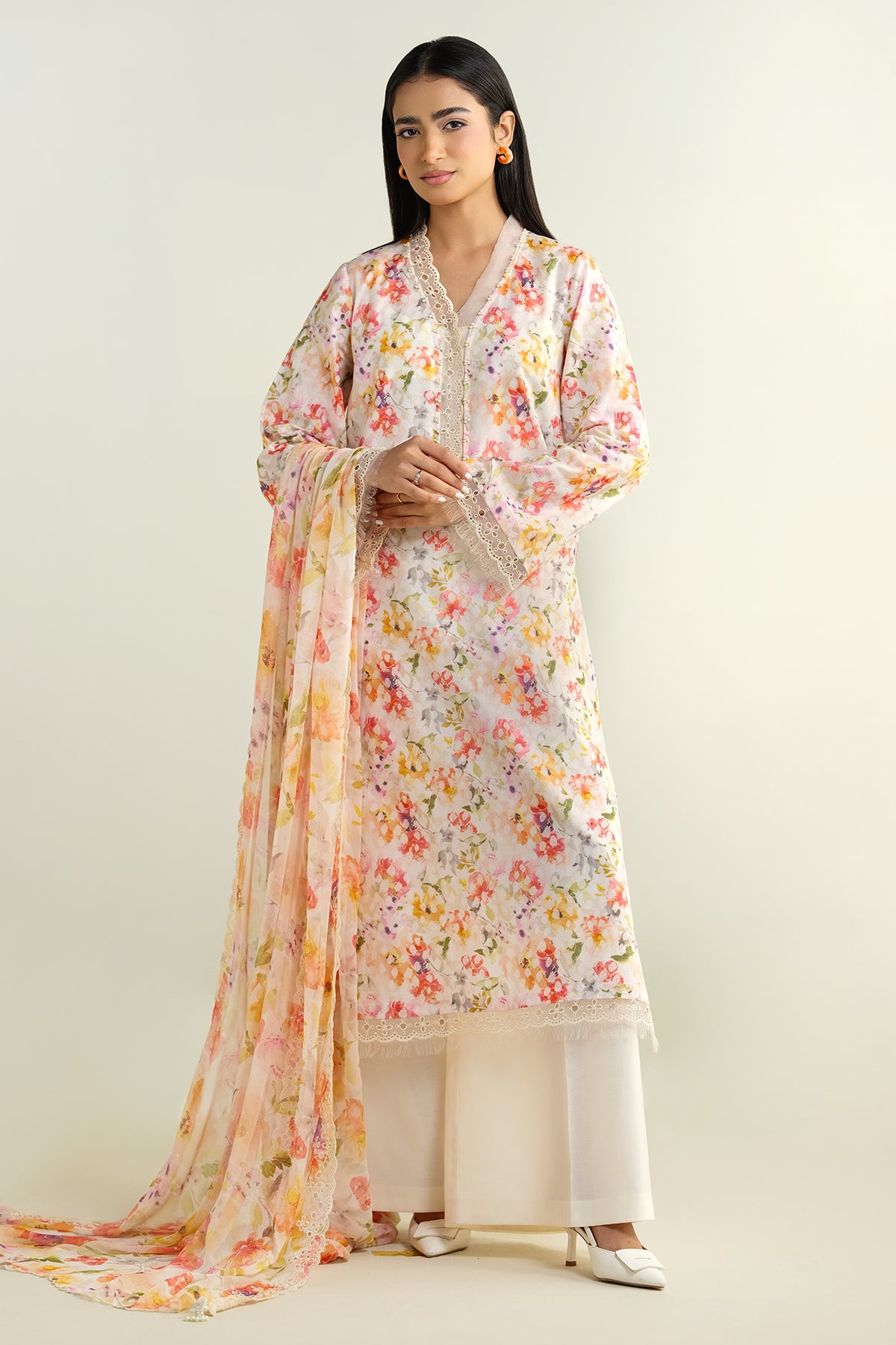 3 Piece - Printed Embroidered Suit - C6134