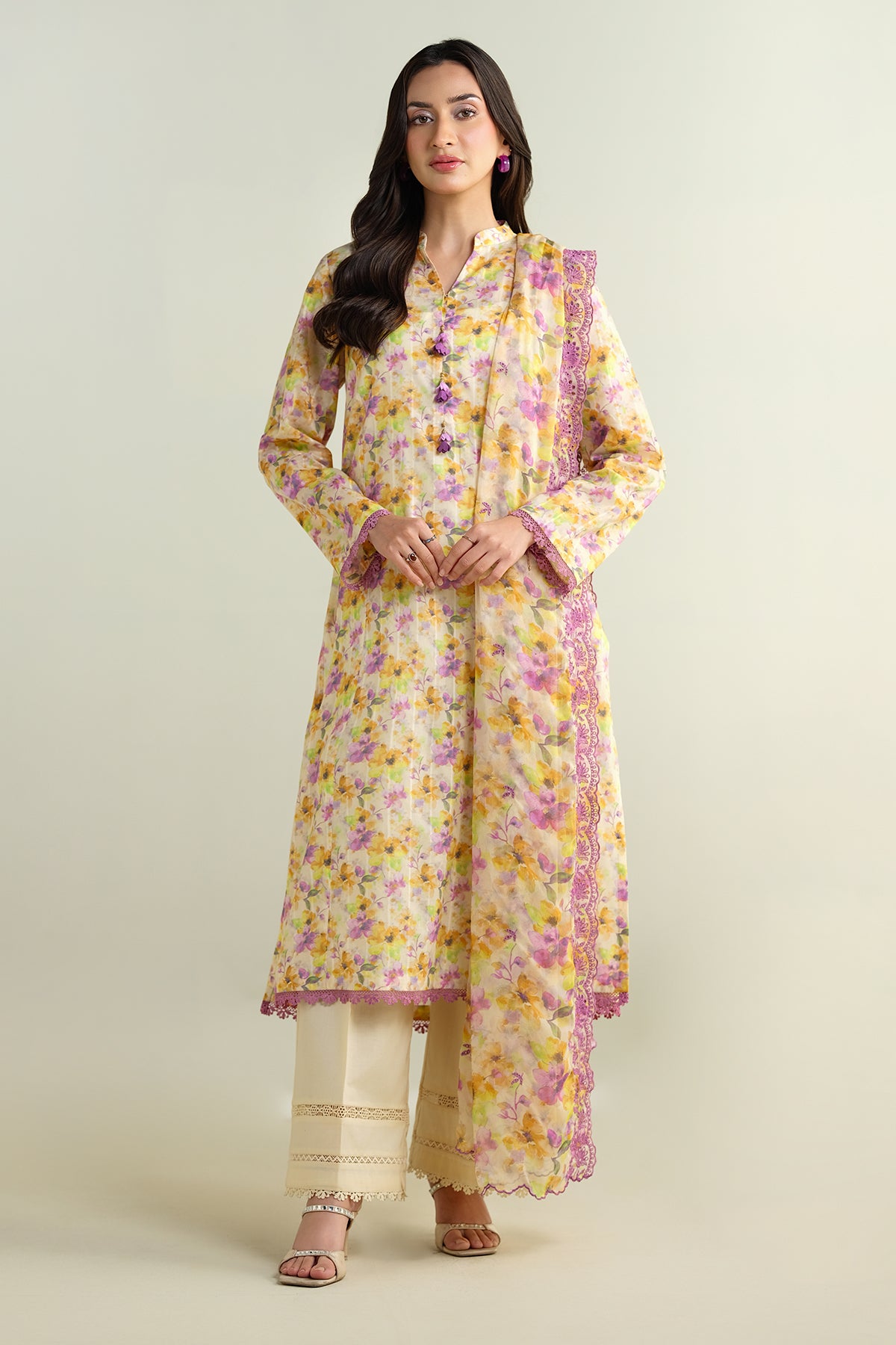 3 Piece - Printed Embroidered Suit - C6181
