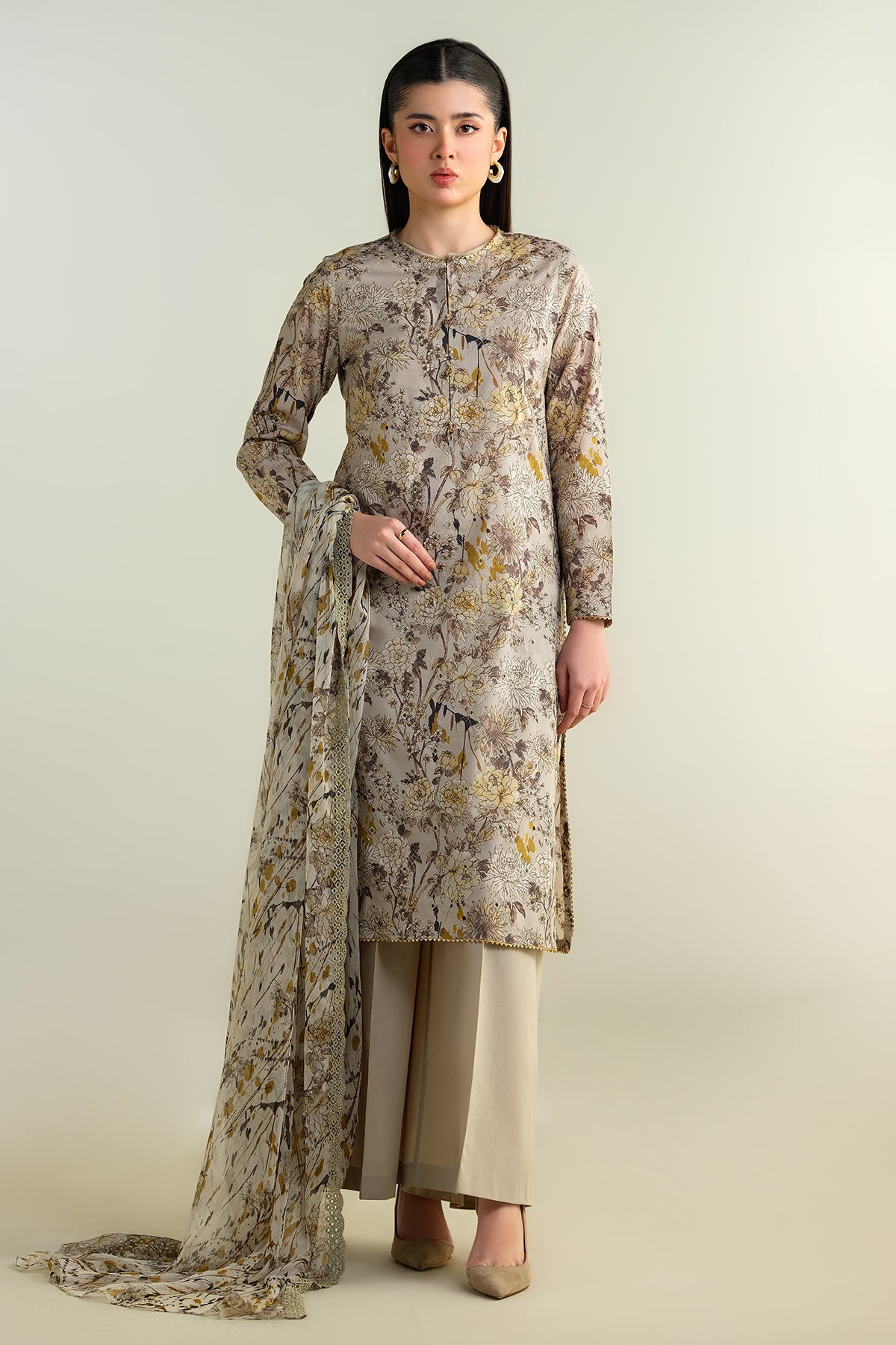 3 Piece - Printed Embroidered Suit - E1660