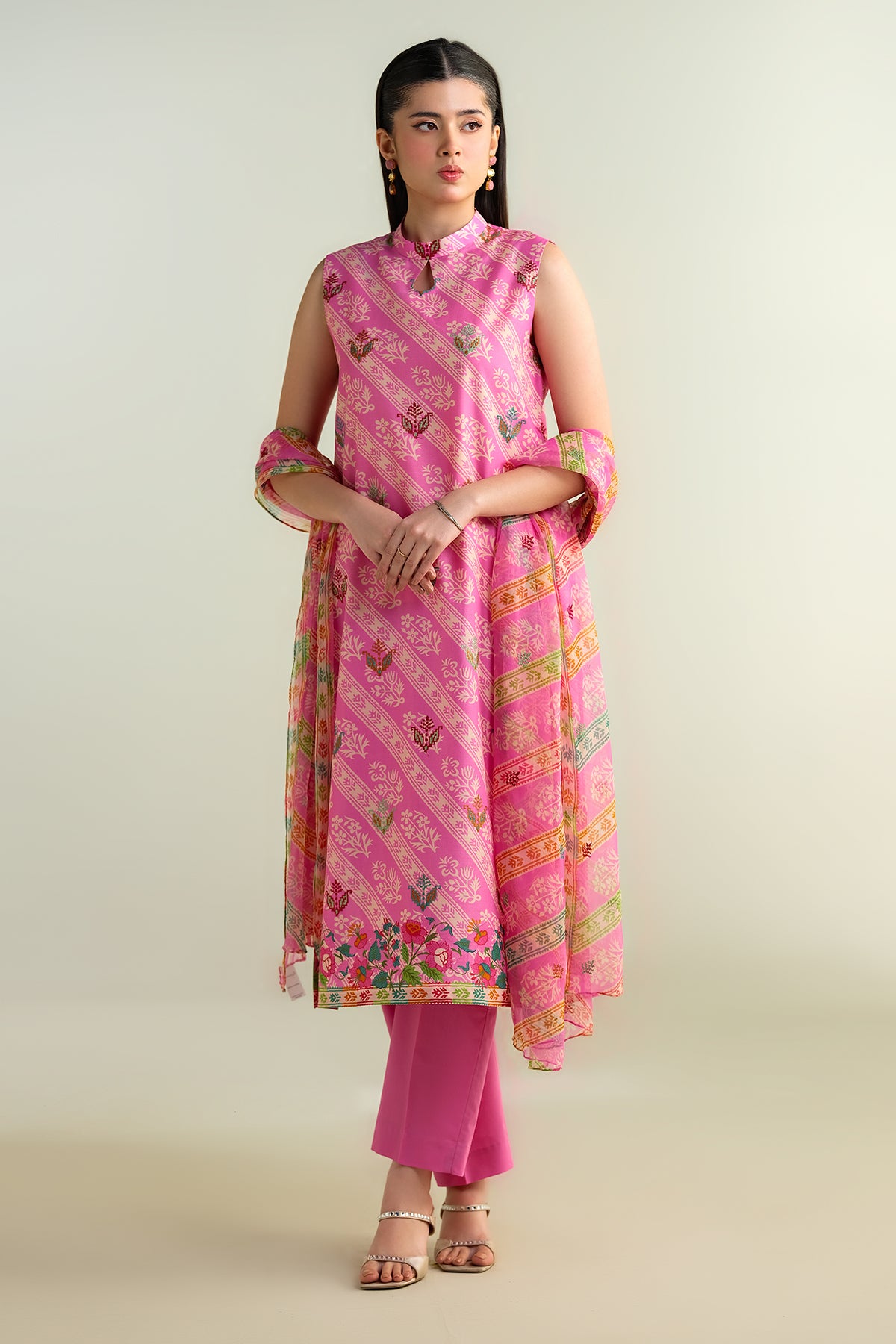 3 Piece - Printed Embroidered Suit - E1689