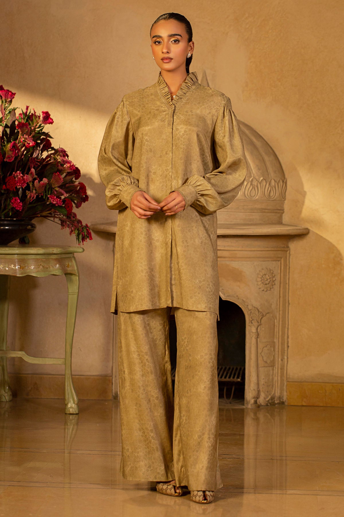2 Piece-Printed Pk Raw Silk-Shirt & Trouser-mcp1409