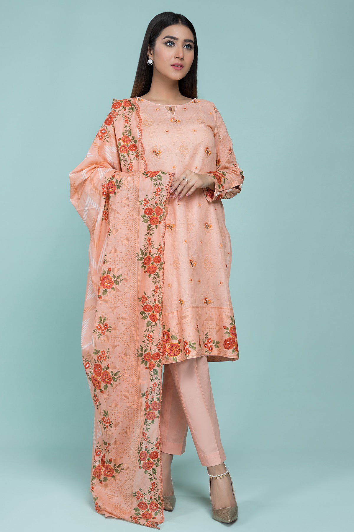Printed & Embellished 3 Pcs Suit