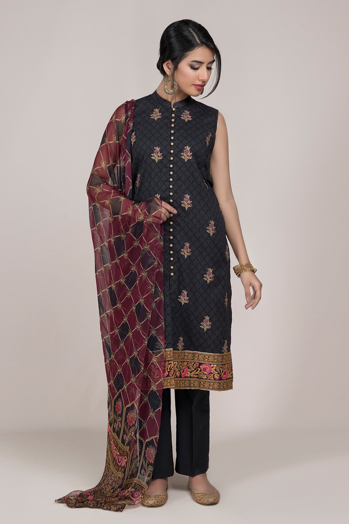 Printed & Embroidered 3 Pcs Suit With digital Print chiffon Dupatta